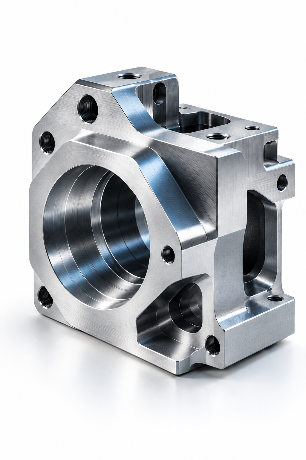 Precision-machined aluminum component with milled surfaces and circular bores